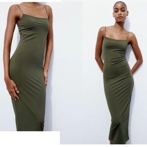 Zara Long Fitted Elastic bodycon midi Dress spaghetti strap olive army green L